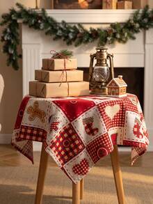 1pc Red And White Classic Patchwork Plaid Christmas Print Tablecloth, Traditional Country Style, Round Stain-Resistant Protective Table Cover, Functional Outdoor Decorative Tablecloth For Outdoor Patio, Winter Holiday Gathering Scenes - Red - View 1