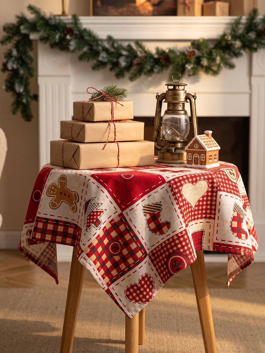 1pc Red And White Classic Patchwork Plaid Christmas Print Tablecloth, Traditional Country Style, Round Stain-Resistant Protective Table Cover, Functional Outdoor Decorative Tablecloth For Outdoor Patio, Winter Holiday Gathering Scenes - Red - View 1