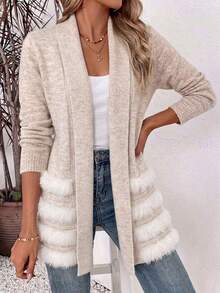 Women's Mid-Length Knit Cardigan, Colorblock Long Sleeve Front Open Sweater, Winter Fashion - Apricot - View 2