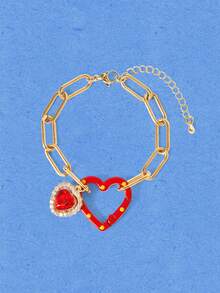 Popjeli 1pc Fashionable Cute Geometric Colorful Enamel 3D Heart Charm Adjustable Stainless Steel Chain Bracelet - Oil-dripping Heart Chain Bracelet - View 9