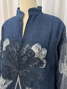 亮片刺繡 Abaya 長裙，立領長袖保守風 Kaftan，杜拜奢華穆斯林長袍，適用於開齋節、齋月、婚禮派對 - 藏蓝色 - 查看 8