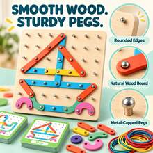 Wooden Pattern Pegboard Toy, 2-In-1 Montessori Geoboard & Matching Puzzle, STEM Fine Motor Learning Toy For Preschool Kids - Multicolor - View 6