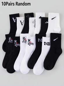 Men's 5/10 Pairs Letter & Crown Print Mid Calf Socks, Casual Breathable Sports Crew Socks, Black White Mixed Pack - Multicolor - View 7
