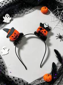 Women's Halloween Witch Hat Pumpkin Headband, Black Mesh Hair Accessory, Cosplay Party Headpiece - Pumpkin - View 1