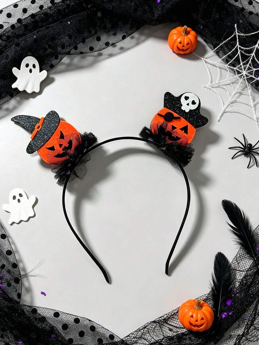 Women's Halloween Witch Hat Pumpkin Headband, Black Mesh Hair Accessory, Cosplay Party Headpiece - Pumpkin - View 1