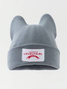 1pc Women's Fashion Solid Color Cute Cat Ear Design Fabric Label Beanie Knit Hat, Suitable For Autumn/Winter Warmth, Daily Wear And Outfits - A - View 5