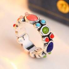 Bohemian Style Dyed Synthetic Turquoise Copper Ring, Handmade Jewelry For Women - Silver - View 5