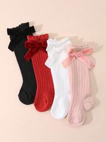 4 Pairs Sweet Cute Solid Color Bow Bubble Cuff High Tube Socks For Baby Girls, Suitable For Daily Wear - Multicolor - View 5