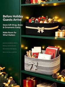 Woven Cotton Rope Storage Basket, Christmas Gift Basket, Storage Box, Handheld Basket, Square Decorative Gift Basket, Portable Storage Basket; Suitable For Holiday And Christmas Gifting. - Multicolor - View 3