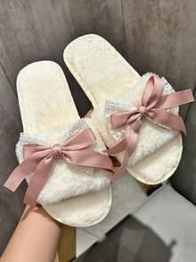 女款優雅白色毛絨蕾絲蝴蝶結平底毛絨鞋，情人節居家婚禮鞋，可愛粉色緞帶蝴蝶結 - 白色 - 查看 2