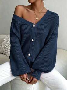 Women's Casual Navy Blue Knit Cardigan, Front Button Design, Long Lantern Sleeves, Autumn/Winter Outfit - Navy Blue - View 3