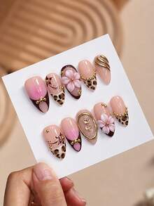 10pcs French Leopard Print Almond Shape 3D Carved Y2K Hot Girl Nail Stickers, Metallic Gold Texture Small Steel Ball Decoration, Handmade Wearable Fake Nails - Multicolor - View 2