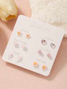 6 Pairs Women's Stud Earrings With Fresh Floral, Heart And Jellyfish Patterns, Suitable For Daily Casual Wear And Holiday Gifts - Baby Pink - View 9