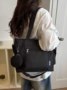 New Fashion Minimalist Casual Tote Bag For Women, Solid Color Large Bag - Black - View 2