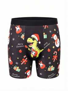 1 PC Men's Christmas Novelty Boxer Briefs, Cartoon Dinosaur Playing Guitar Snowman Gift Snowflake All‑Over Digital Print Trunks, Holiday Gift For Him - Multicolor - View 2