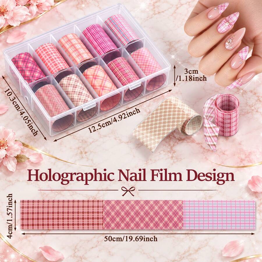 Fall Nail Stickers 10 Rolls Pink Plaid Pattern Nail Transfer Paper, Korean And Japanese Style Grid Pattern Nail Stickers, Cute Classic Plaid Pattern Boxed Nail Decoration, Japanese Kawaii Nail DIY Supplies - Multicolor - View 1
