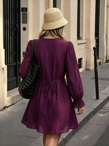 Rusttydustty Women's Vintage Ruffle Tie V-Neck Long Sleeve Short Dress - Purple - View 7