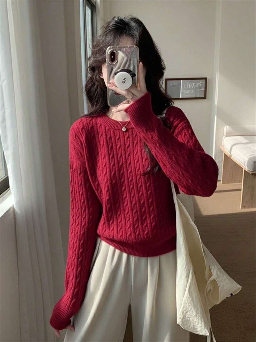 韓式優雅紋理圓領女款毛衣,長袖刺繡套頭衫 - 紅色 - 查看 1