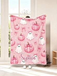 Custom Name Pink Ghost Pumpkin Bow Blanket, Cute Halloween Ghost Pumpkin Ribbon Design, Lightweight Cozy For Bedroom, Halloween Birthday Gift - Multicolor - View 5