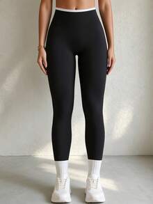 Contrast Color Seamless High Elastic High Waist Sports Leggings - Black and White - View 2