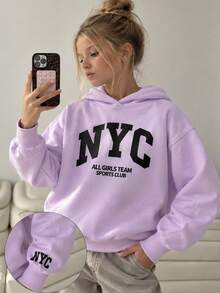 1pc Tween Girl Thermal Lined Hooded Sweatshirt, Warm Winter Student Clothing, Suitable For Children, Long Sleeve Top For Autumn/Winter - Mauve Purple - View 1