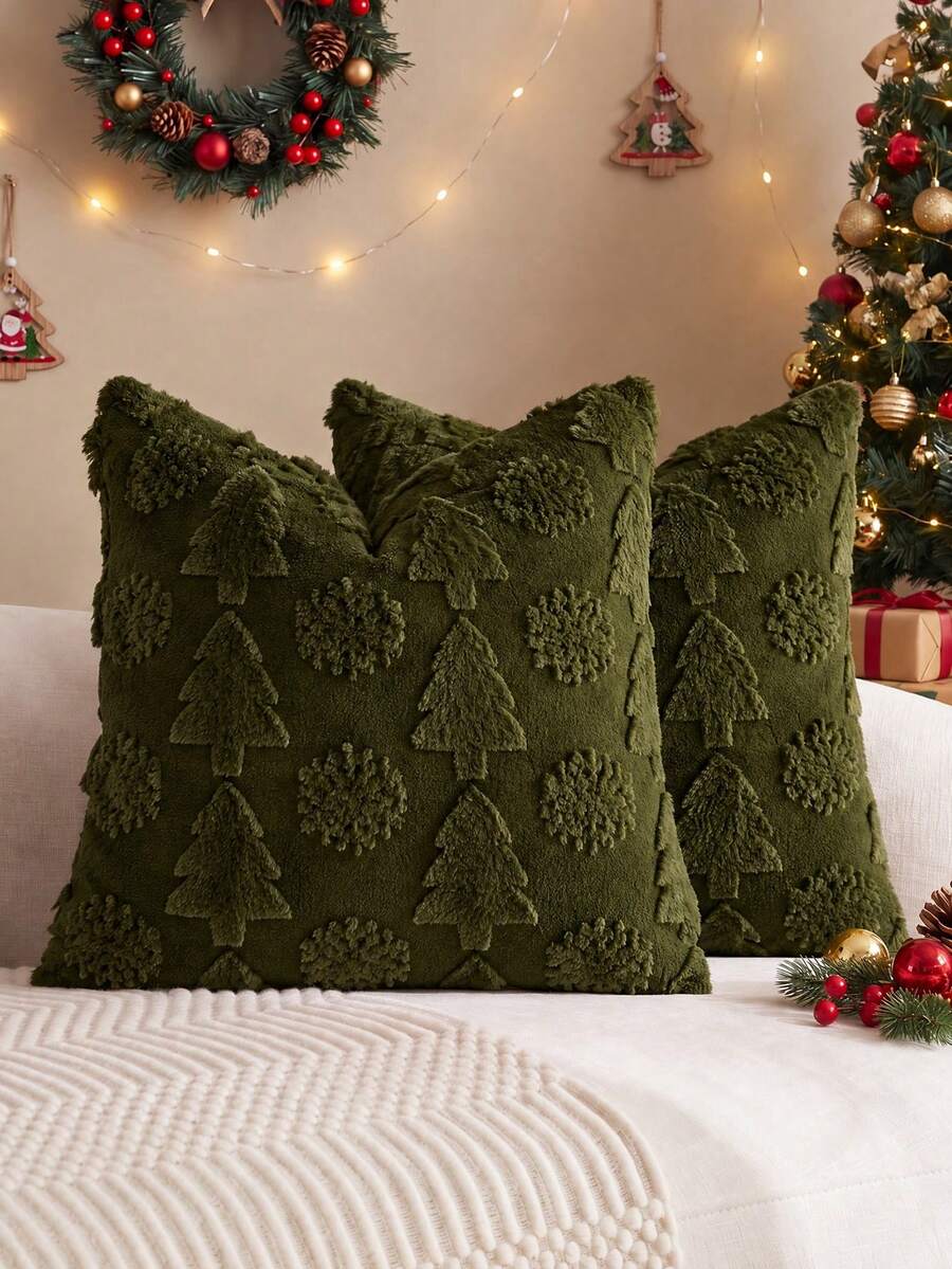 1/2 buah Sarung Bantal Dekoratif Bulu Kelinci Imitasi Motif Kepingan Salju Pohon Natal Warna Hijau Zaitun (Isi Bantal Tidak Termasuk), Sarung Bantal Persegi, Dekorasi Bantal Rumah Liburan, Kain Beludru Lembut dan Nyaman, Sofa Dekoratif Modern, Kamar Tidur Rumah, Penggunaan Asrama