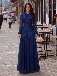 Elegant Round Neck Front Cutout Evening Gown, Suitable For Weddings, Balls, Anniversaries And Formal Occasions, Quiet Luxury, Minimalist Party Fall - Royal Blue - View 1