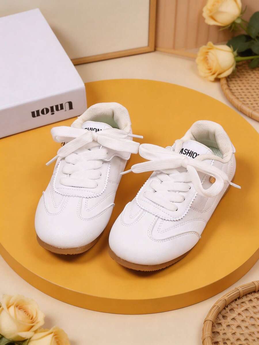 1 đôi giày thể thao đế bệt trẻ em phong cách tối giản màu trơn, khóa dán, phù hợp đi học, mặc thường ngày, đa năng cho mọi mùa - trắng - Xem 1