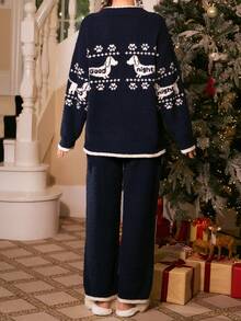 Gongdie 2pcs/Set Women's Christmas Fleece Pajama Set, Winter Navy Blue Fair Isle Pattern Warm Loungewear With Contrast Design And Pockets - Royal Blue - View 8