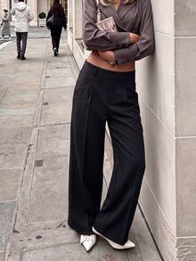 Women's High Waist Pleated Wide Leg Suit Pants, Pure Black Draped Loose Fit Commuter Long Pants With Pockets - Black - View 9