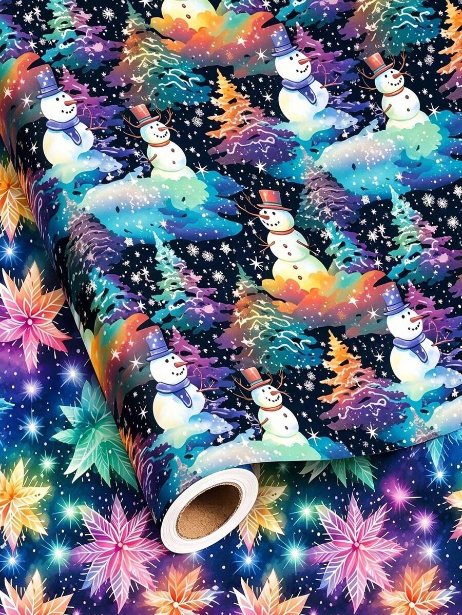 1 Roll Christmas Gift Wrapping Paper, Colorful Snowflake Christmas Tree Snowman Pattern Christmas Gift Wrapping Paper, 3 Meters Christmas Gift Wrapping Bag, Christmas Gift Wrapping Supplies, Christmas Party Gift Wrapping Box, Christmas Decoration - Multicolor - View 1
