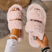 New Open Toe Double Strap Thermal Lined Thermal Slippers, Fashionable Warm Home & Outdoor Wear Autumn/Winter - Pink - View 2
