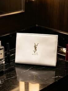 Yves Saint Laurent White PU Leather Cosmetic Storage Bag With Gold Brand Logo, Elegant And Exquisite Makeup Accessory Organizer, Perfect For Travel And Gifting - White - View 3