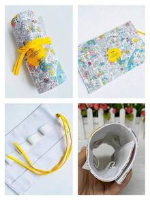 L'Occitane Colorful Town Print Roll-Up Makeup Bag Drawstring Fabric Cosmetic Storage Pouch Multi-Compartment Travel Toiletry Bag Portable Beauty Organizer Women Holiday Birthday Gift LOCCITANE-GIFT-73 - White + Yellow + Blue - View 6