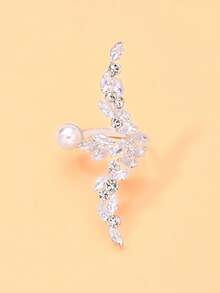 1pc Rhinestone Leaf Design Open Ring, Pearl Decor Exaggerated Ring, Elegant Bridal Wedding Party Stackable Women's Jewelry - Rhinestones - View 6