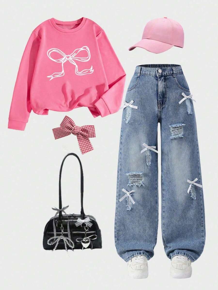 Tween Girl' Outfit Set, Bow Print Sweatshirt And American Sweet Cool Fashion Bow Ribbon Distressed Ripped Denim Jeans, Autumn/Winter Daily Fashion Outfit - Multicolor - View 1