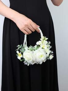 1pc Faux Pearl Double Hoop Bouquet, Artificial White Rose & Greenery Handheld Flower, Bridal Wedding Photo Prop - White - View 2