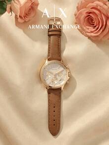 Armani Exchange Women's Gold-Tone Chronograph Watch, Brown Leather Strap, Mother Of Pearl Crystal Dial, Quartz Watch - Gold - View 3