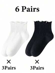 1/3/6 Pairs Sweet Girl Style Frill Trim Mid-Calf Socks, Black & White Solid Color Basic Lolita Matching Socks, Soft & Breathable Commuter Socks - Black and White - View 14