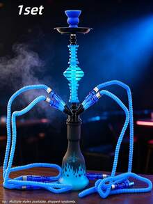 1 Set Electric Blue 2/4 Tube Glass Water Pipe, Includes Silicone Hose, Mouthpiece And Glass Bowl Pipe, Industrial Style Smoking Tool, Suitable For Home, Travel, Bar, Back To School Gift, Random Shipment - one-size - View 3