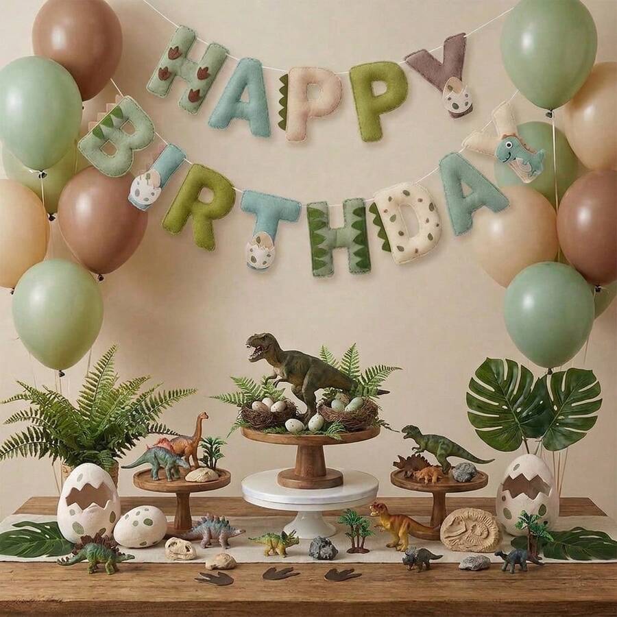 手工毛氈恐龍生日橫幅，手工2D平面毛氈三角旗，波希米亞風綠色恐龍蛋與卡通恐龍字母橫幅，預串好派對裝飾，恐龍主題生日派對用品