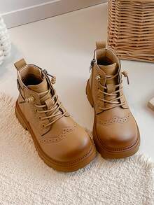 Children's British Style Lace-Up Short Boots, Retro Perforated Leather Shoes (With Side Zipper And Buckle), Anti-Slip Thick-Soled Winter Boots - Camel - View 6