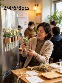 2/4/6/8pcs Wall-Mounted Test Tube Vase Set, Solid Wood Base With Plastic Round Tubes, Wall-Mounted Refrigerator Flower Rack, Suitable For Small Flowers And Green Plants, Home Kitchen Decoration - Multicolor - View 1