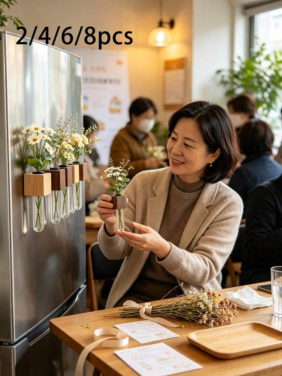 2/4/6/8pcs Wall-Mounted Test Tube Vase Set, Solid Wood Base With Plastic Round Tubes, Wall-Mounted Refrigerator Flower Rack, Suitable For Small Flowers And Green Plants, Home Kitchen Decoration - Multicolor - View 1