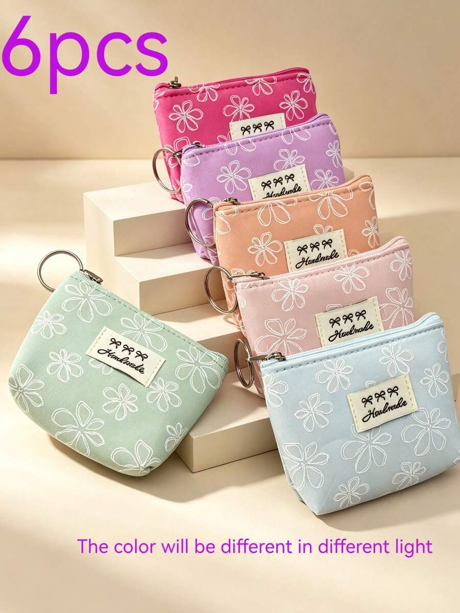 Macaron Color Floral Coin Purse 6pcs Set, Portable Zipper Small Storage Bag With Key Ring, Fresh White Flower Pattern, Can Store Coins, Earphones, Lipstick, Travel Carry-On Small Wallet, Gift Small Item - Multicolor - View 1
