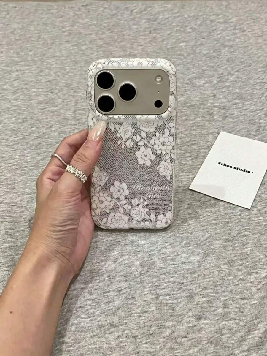 Romantic Ins French Style White Lace Floral Phone Case Compatible With Apple 17 Pro Max, 18 Pro, New 16, 17 Pro, 15 Pro, Full Coverage Silicone Shockproof Protective Cover - White - View 1