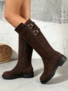 1 Pair Women's Vintage Thick Sole Riding Boots, Autumn/Winter Buckle Side Zipper Tall Boots - Coffee Brown - View 3