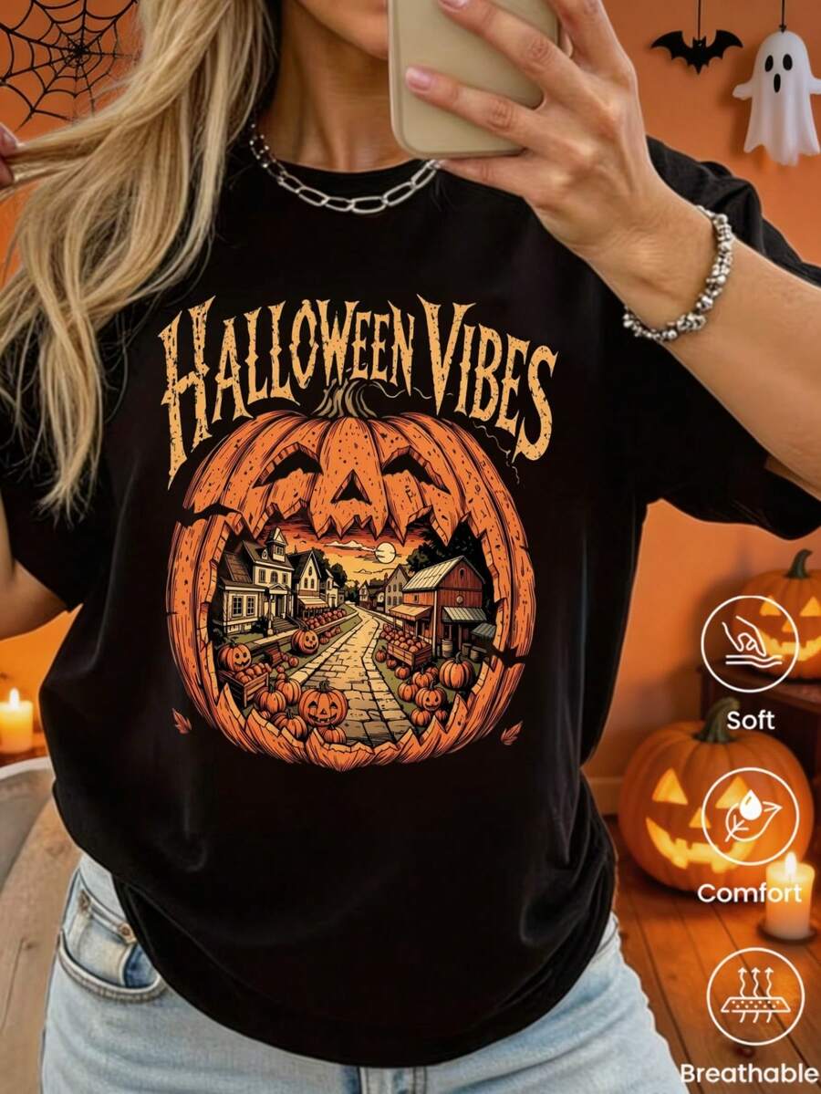 Camiseta Y2K divertida de manga corta con estampado de Halloween, primavera‑verano‑otoño, 1 pieza, unisex para pareja, cuello redondo, uso interior y exterior, para oficina, ocio y deporte - Negro - Ver 1