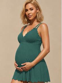 Women's Casual V-Neck Sleeveless Maternity Short Swimsuit With Black Ruffle Trim One-Piece Swimwear - Green - View 1