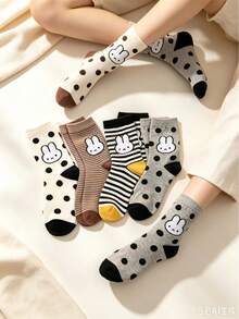 Calcetines casuales versátiles para niñas estilo japonés con conejo lindo, 1/4 pares aleatorios, a media pantorrilla, lunares, rayas, multicolor, con contraste en el puño, para escuela - Multicolor - Ver 4